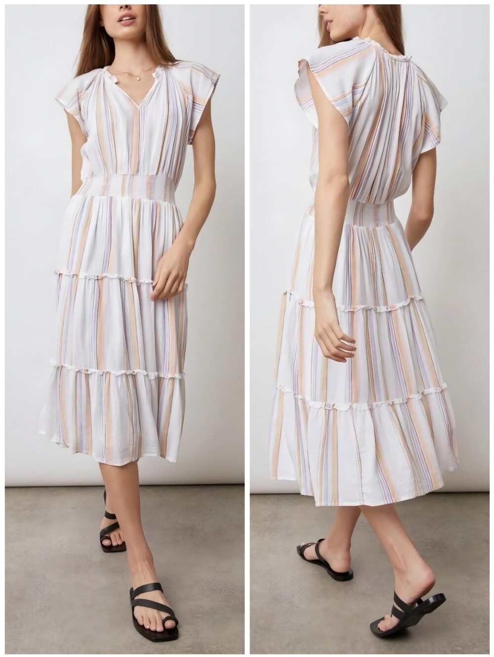 Amelia Merida Stripe White Purple Orange Midi Dress, M